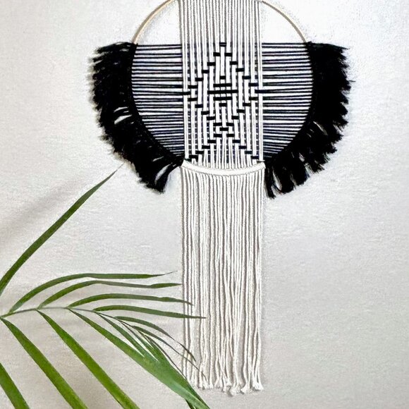 Woven Macrame Black Beige Boho Contemporary Diamond Geometric Wall Hanging New - Picture 3 of 6